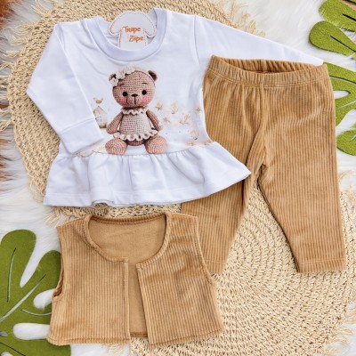 Conj. Colete, Blusa Ursinha de Crocê e Calça de Veludo Canelado - Areia
